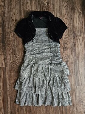 Girls 14 Tiered Black and Silver Party Dress with Bolero